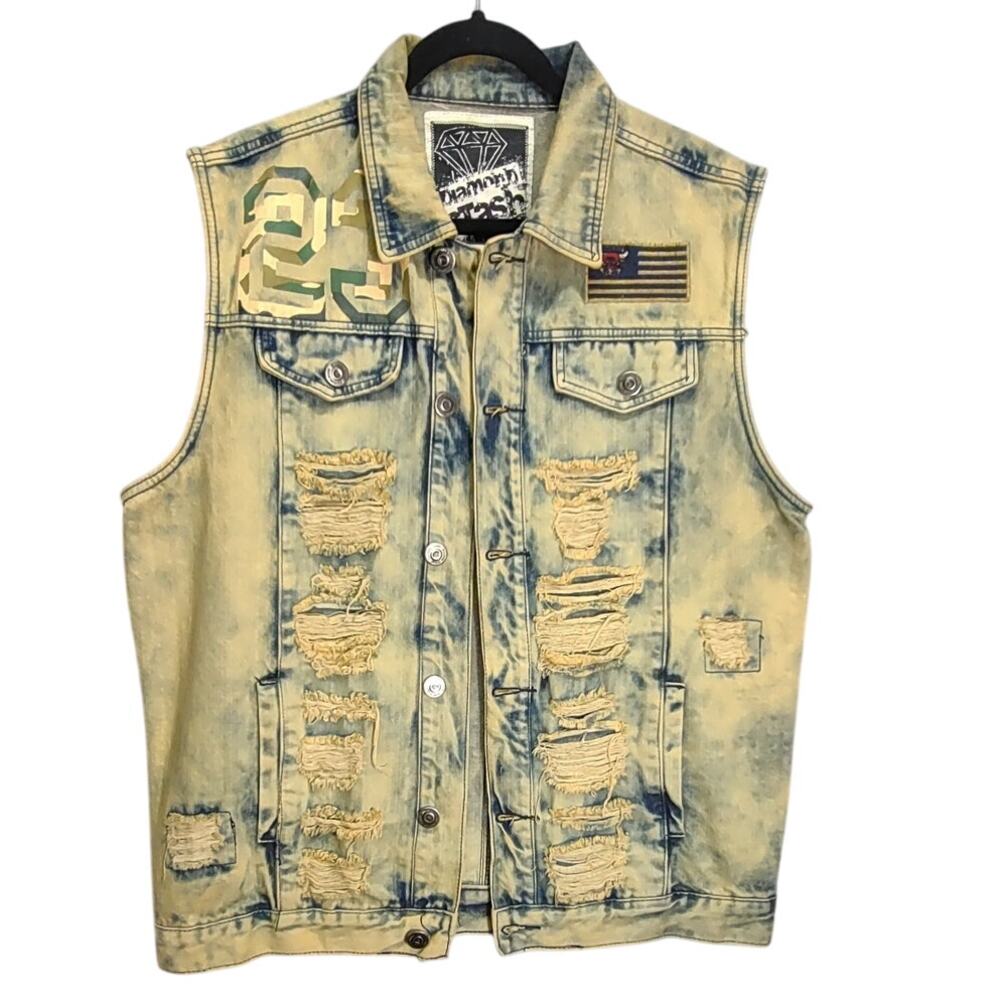 Diamond Stash Bulls Patch Jordan #23 Denim Jean Vest Distressed Gold Wash
